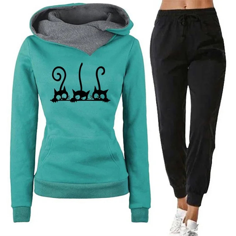Womens Cozy Tracksuit Set with Cute Cat Print Hooded Sweatshirt and Casual Jogging Pants High Quality Autumn Winter Daily Wear