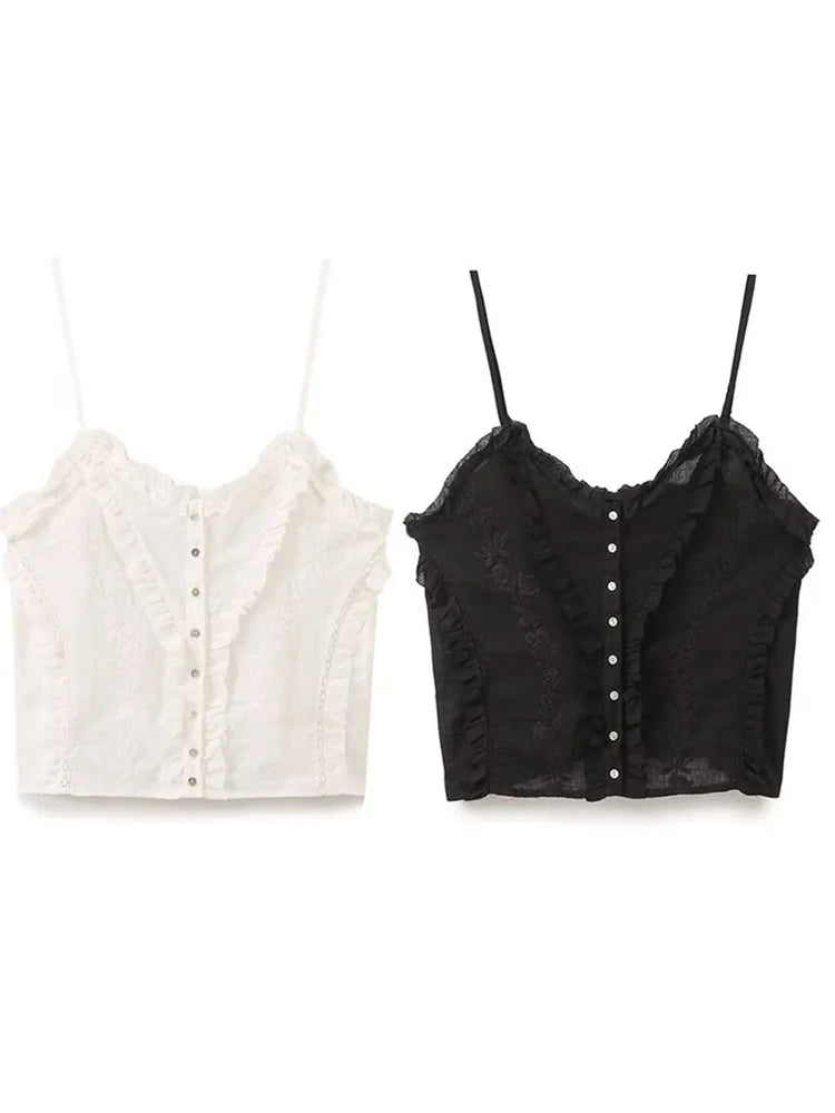 Chic Women’s Sexy Lace Floral Embroidery Short Blouse, single-breasted sling vest top by Zevity in black and white.