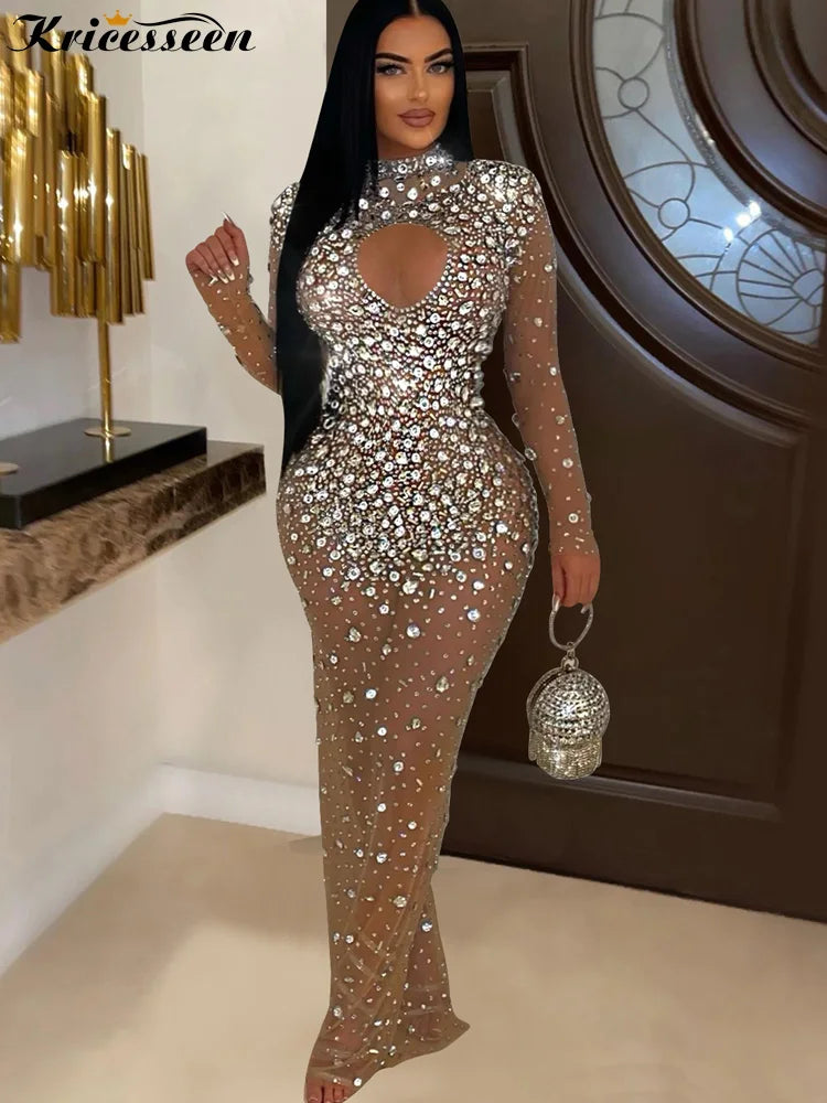 Silver Rhinestone Maxi Dress Sequin Sheer Party Clubwear