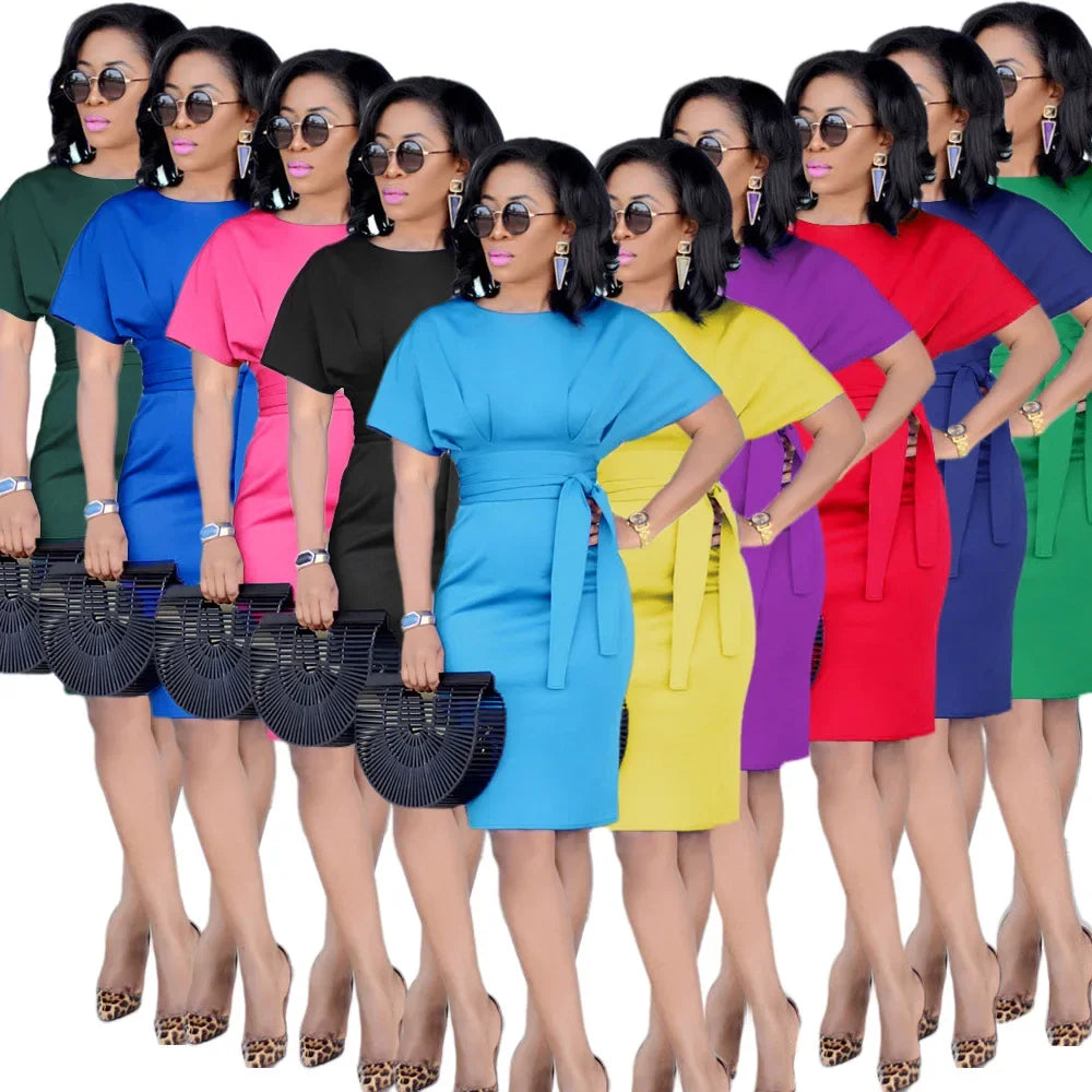 Elegant Women's Pencil Midi Dress Short Sleeve Belted