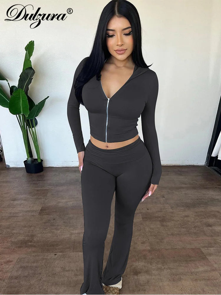 Dulzura Solid Casual Sports 2 Piece Hoodie and Flare Pants Set for Women in Autumn and Winter Streetwear style.