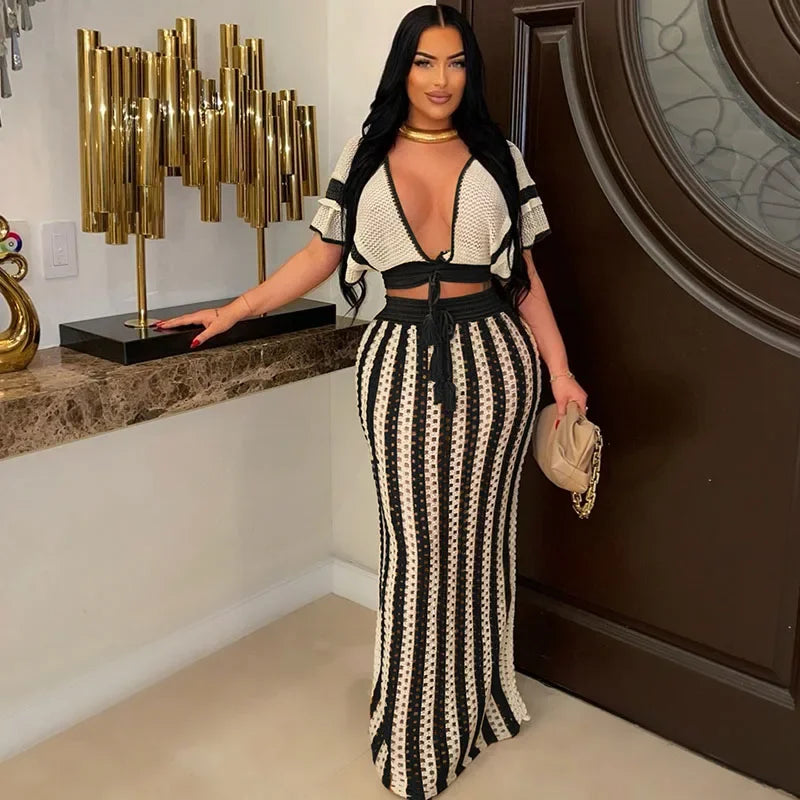 Y2K Striped Knit Two Piece Set Women Crop Top Maxi Skirt