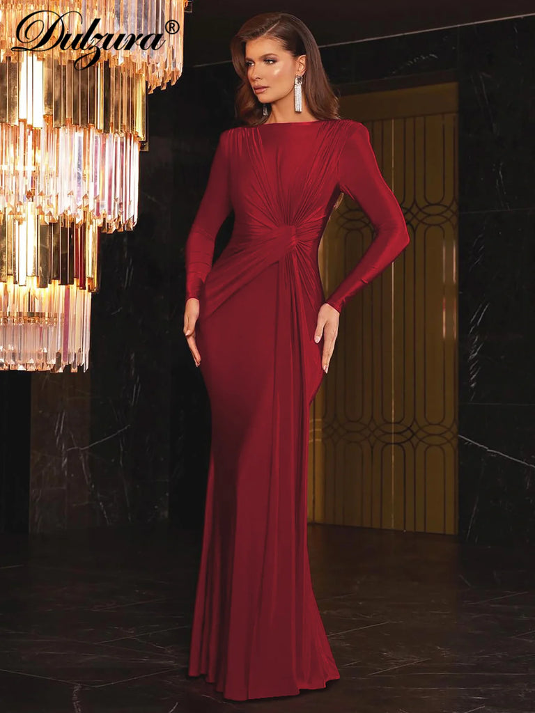 Ruched Shoulder Pad Maxi Dress With Long Sleeves For Prom