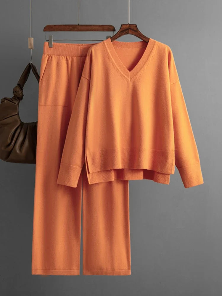 Women's Knit Two-Piece Sweater Set With Loose-Fit Pants For Casual Autumn And Winter Wear
