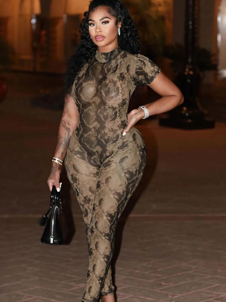Stylish Nibber See Through Backless Dragon Print Jumpsuit for Women Short Sleeve Slim Stretch Fitness Workout Overalls.