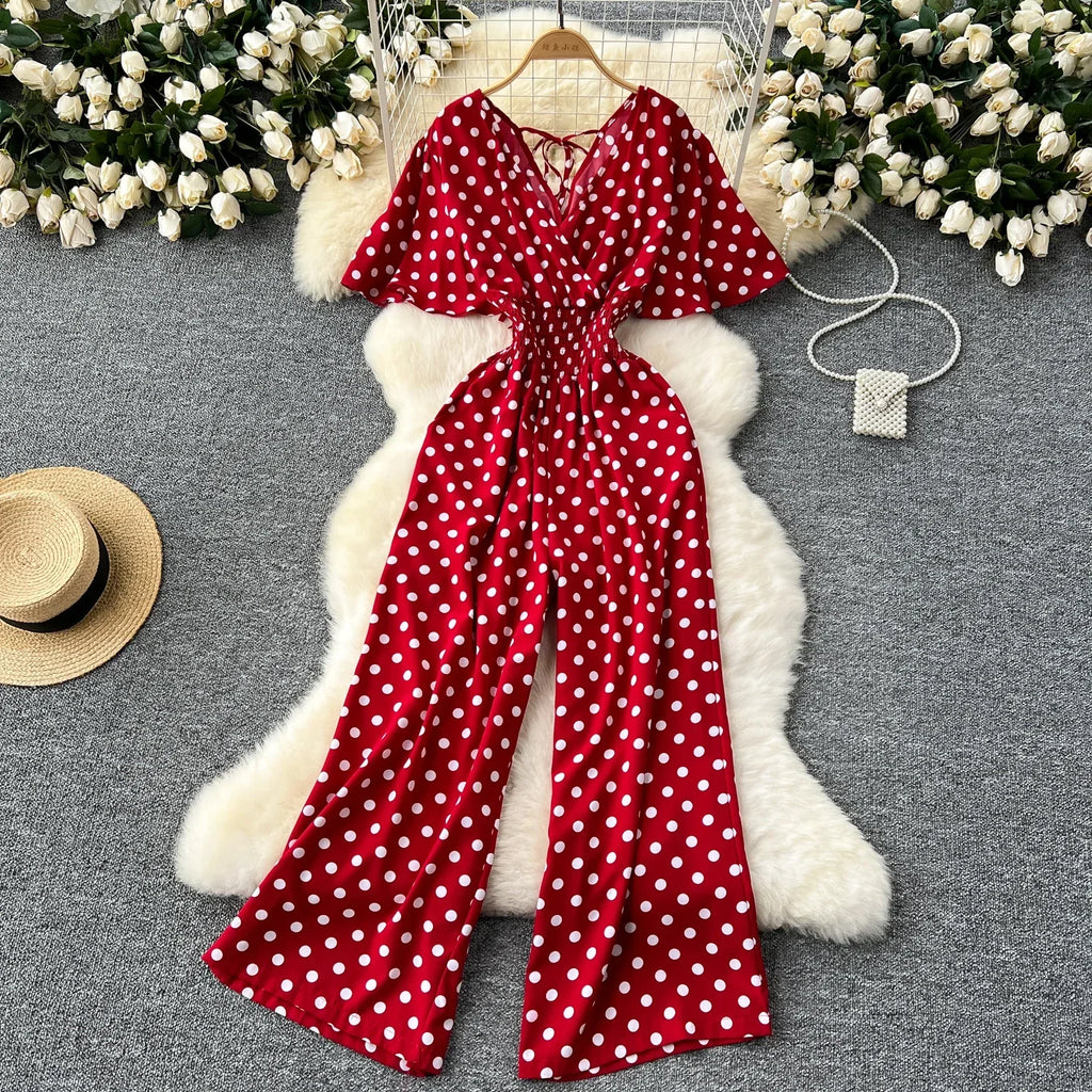 Polka Dot Romper Jumpsuit Women V Neck High Waist Wide Leg
