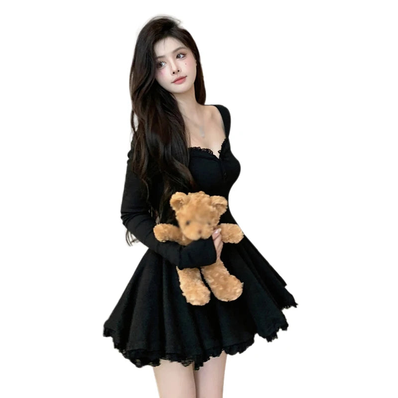 French Style Lace Dress for Women Long Sleeve Waist Dress