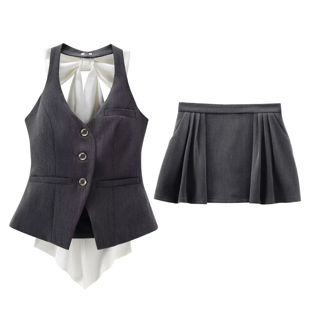 Women’s Detachable Butterfly Knot Back Hanging Neck Vest with Pleated Skirt and Pants Set Spring Summer Fashion Ensemble