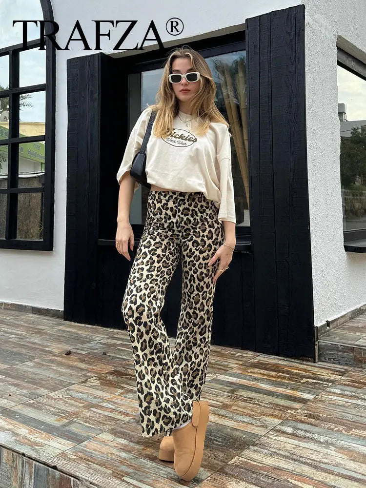 Stylish TRAFZA Leopard Print Wide Leg Pants for Women offer a high waist, slim straight fit, perfect for streetwear fashion.