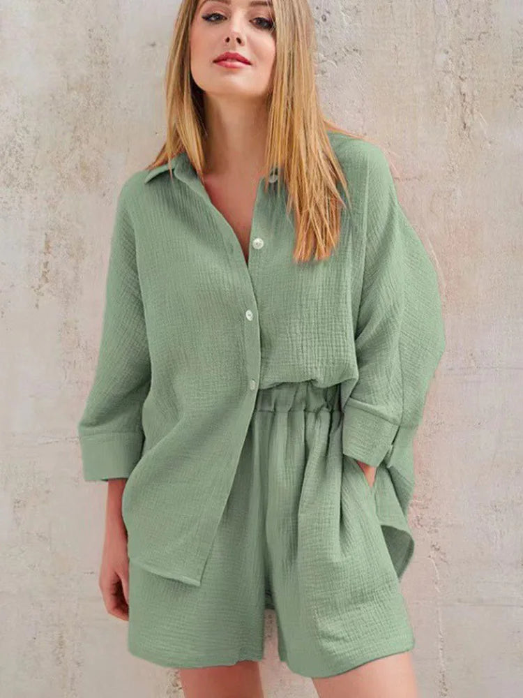 Stylish Women's Cotton Two Piece Set Oversized Long Sleeve Breathable Blouse with High Waisted Side Pocket Shorts for Autumn.