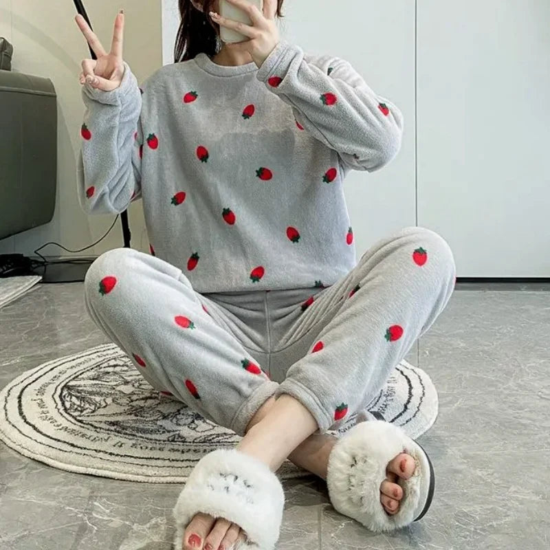 Cozy in the Sweet Women Pajama Set Two-Piece Strawberry Pullover Top with Elastic Waist Straight Fleece Pants for autumn.