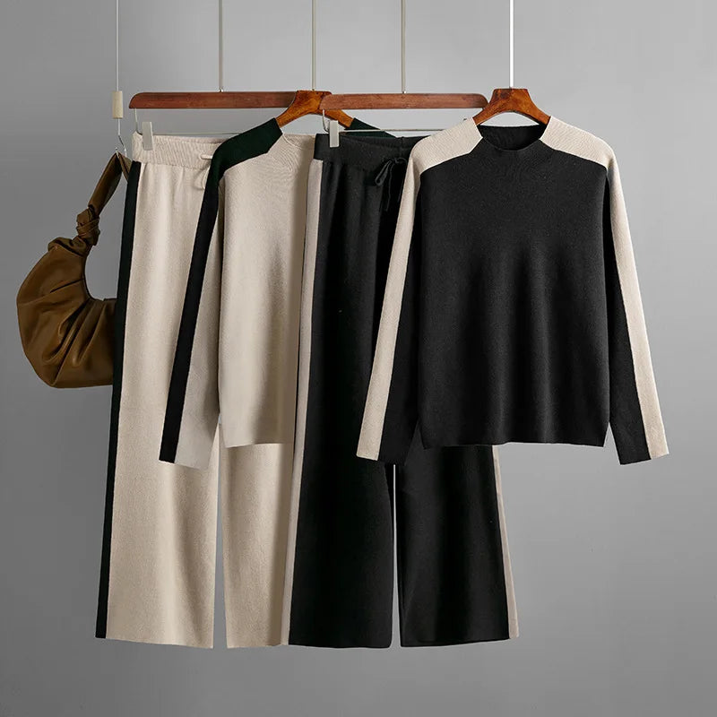 Womens Knitted Two Piece Tracksuit Set Pullover Top And Joggers For Autumn Winter Warmth