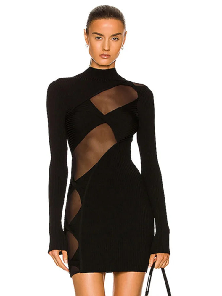 Mesh Bandage Bodycon Dress Black Turtleneck Long Sleeve