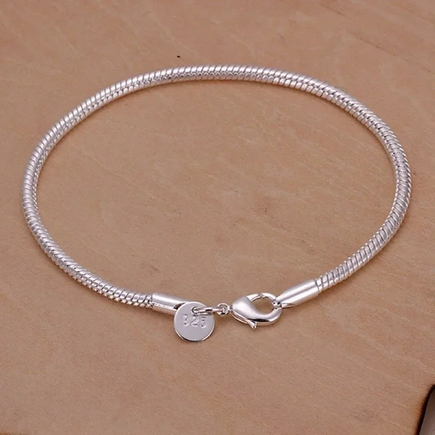 Stunning 20cm Silver Color 3MM Snake Chain Bracelet for Women Charm Wedding Jewelry, perfect for elegant occasions.