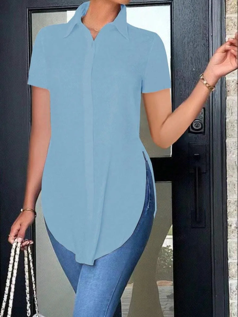 Stylish Women's Asymmetrical Buttoned Casual Top with Side Slit Turn-Down Collar Long Sleeve Shirt for Everyday Wear.
