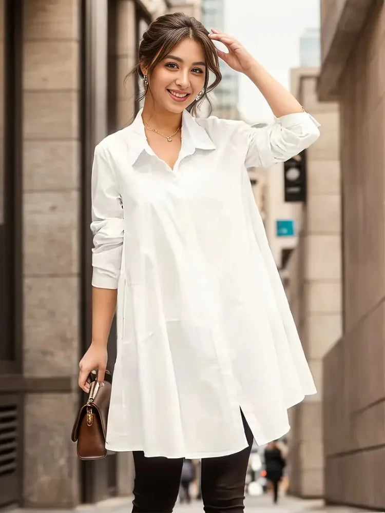 Stylish White Casual Loose Blouse for Women, mid-length, long sleeve, perfect for autumn winter Korean fashion.