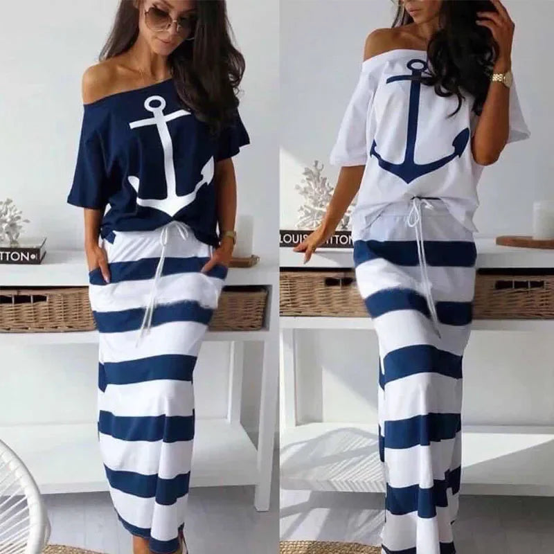 Anchor Print Set Off Shoulder Top And Striped Maxi Skirt