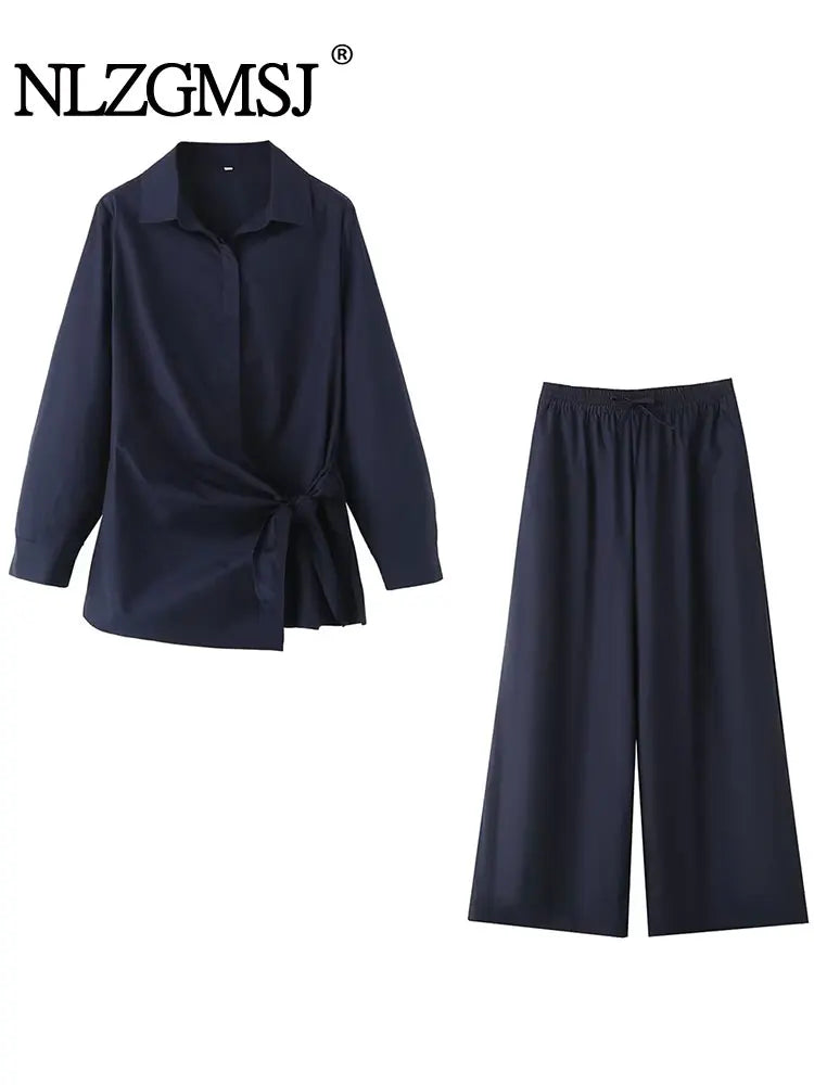 Autumn Women Two-Piece Set Poplin Single Breasted Shirt with High Waist Long Pants Casual Outfit