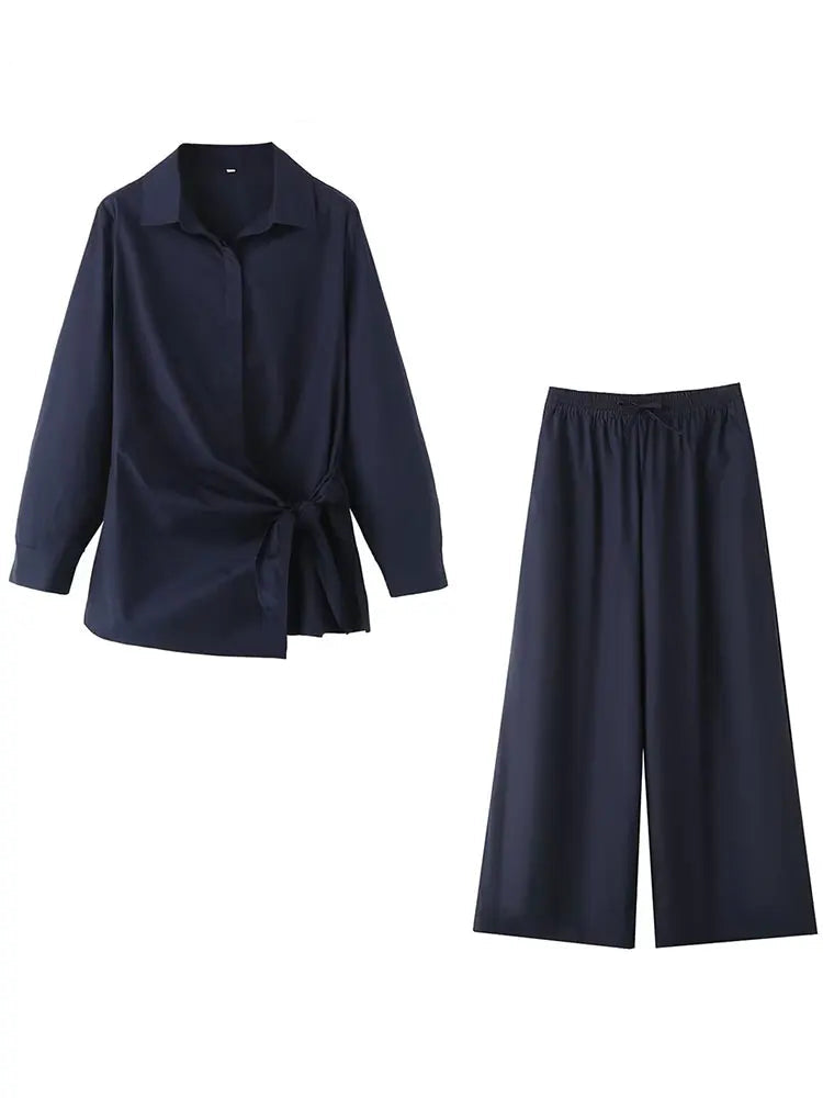 Chic Autumn Women Casual Two Piece Set with Poplin Shirt and High Waist Long Pants, perfect for versatile fall styling.