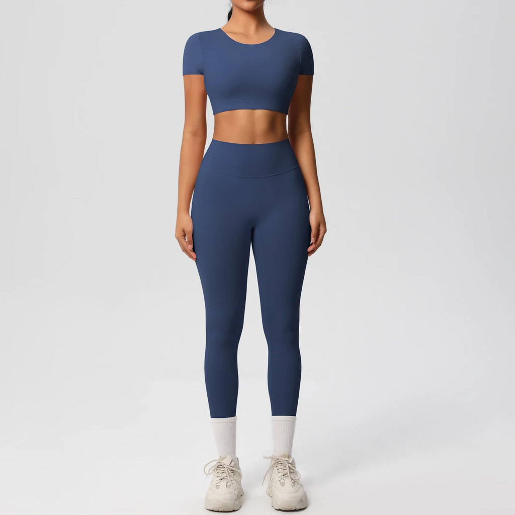 Stylish Yoga Set for Women Fitness Sportswear with Short Sleeve Top and High Waist Leggings perfect for workouts.