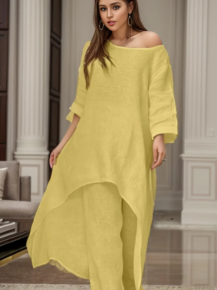 Women Linen Cotton Two Piece Top And Wide Leg Pants Set