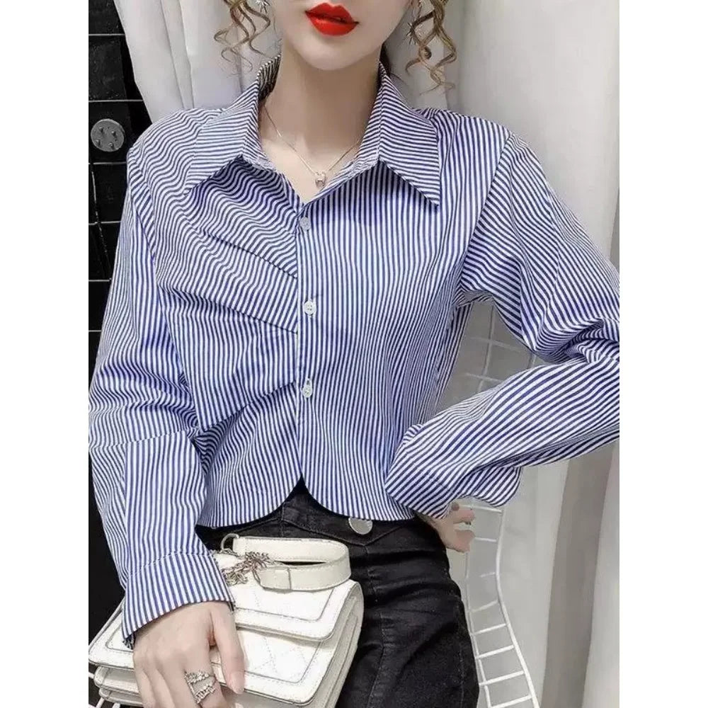 Chic long sleeve blouse, an Elegant Office Lady Stripe Shirt perfect for casual and professional wear. Stylish and versatile.