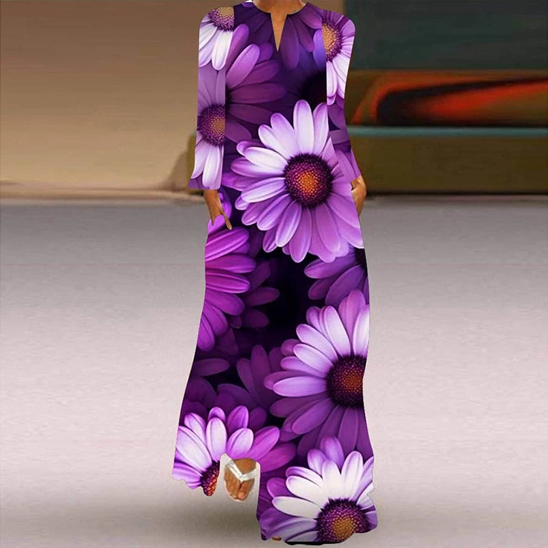 Printed V Neck Long Sleeve Dress With Large Pockets