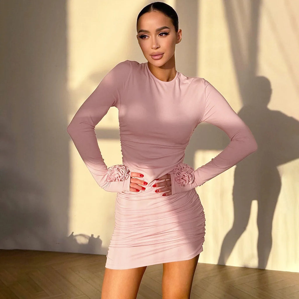 Sexy Long Sleeve Dress Wrap Ruched Floral Evening Party