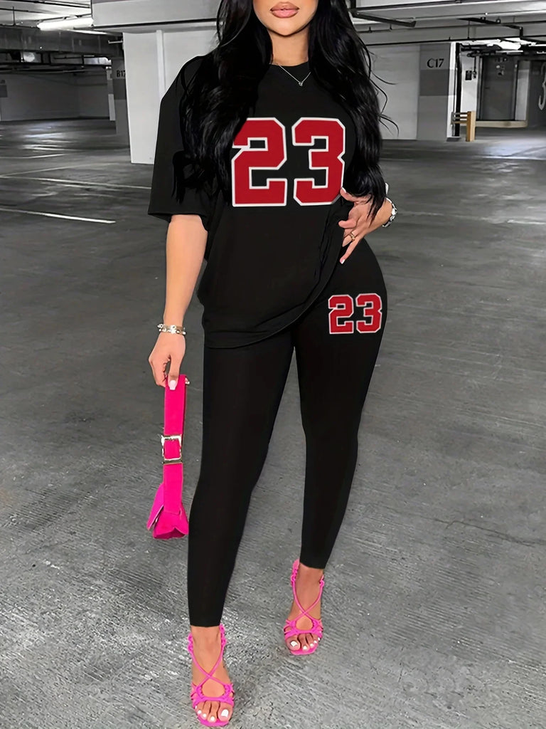 Stylish Women's Casual Two-Piece Set Featuring Loose Fit Printed T-Shirt with Large Round Neck and Slim Fit Bottoms.