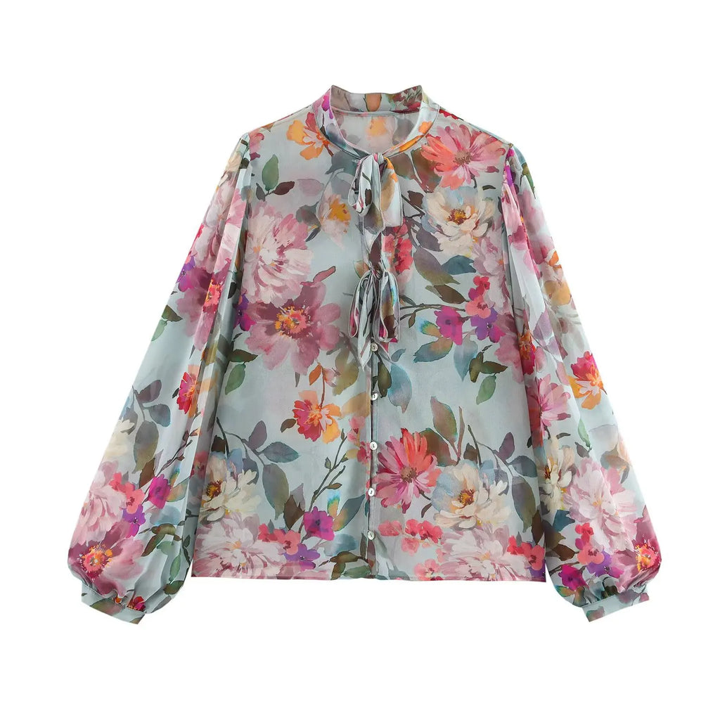 Women's Floral Print Chiffon Blouse with Bow Tie Detail Loose Fit Fashion Shirt, perfect for spring elegance and vintage charm.