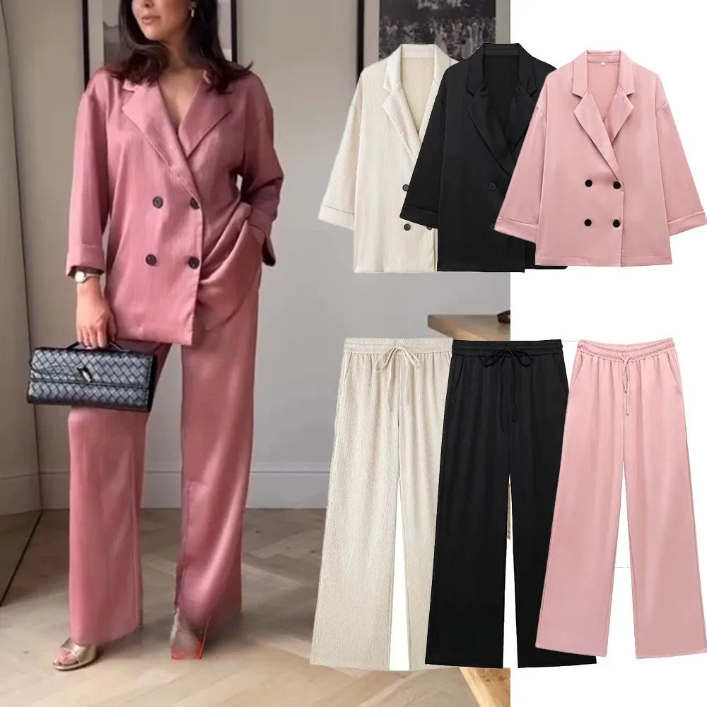 Pink Womens Suit Set With Loose Blazer And Wide Leg Pants