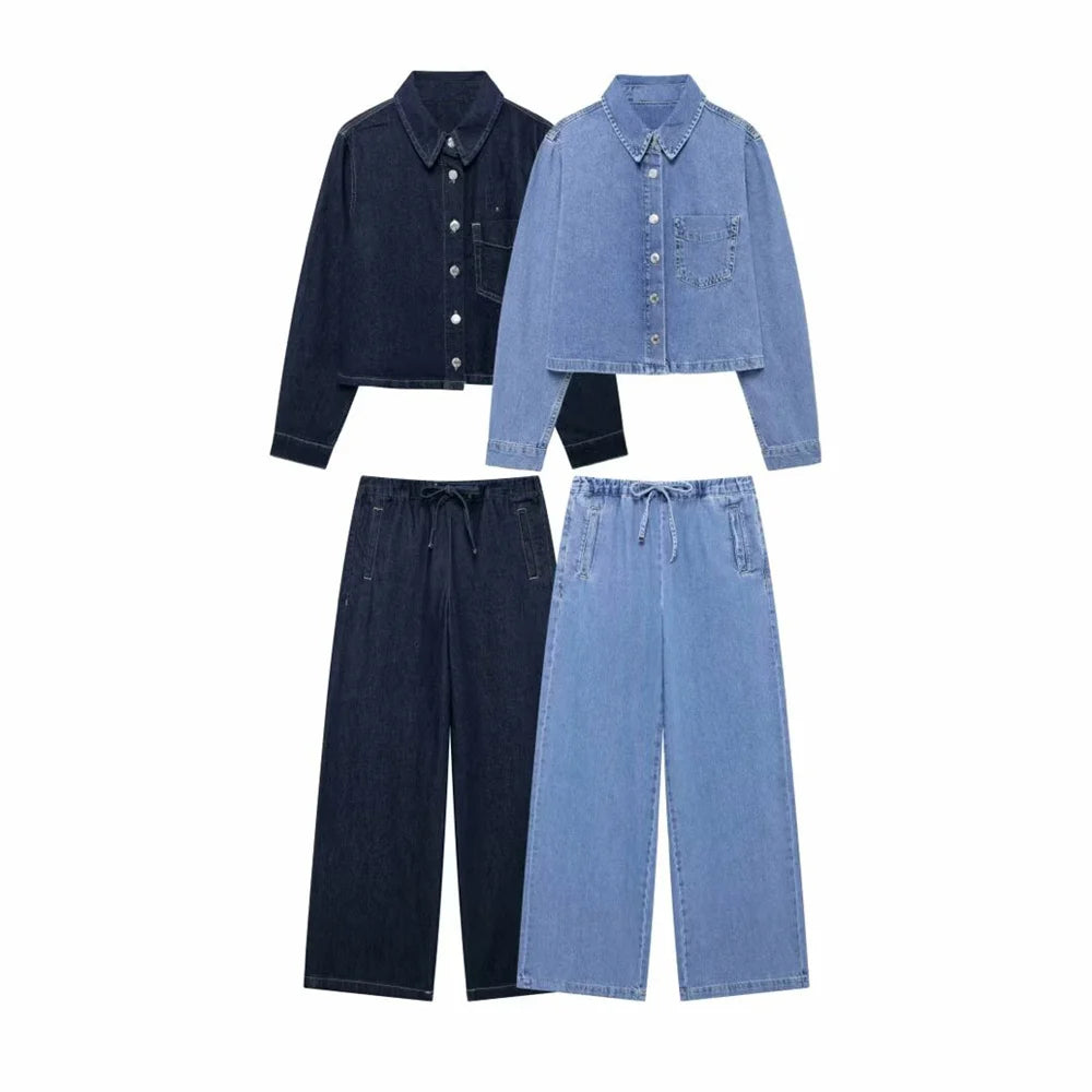 Casual Denim Shirt and Pants Set With Round Collar Loose Cotton Top and Trousers for Everyday Wear