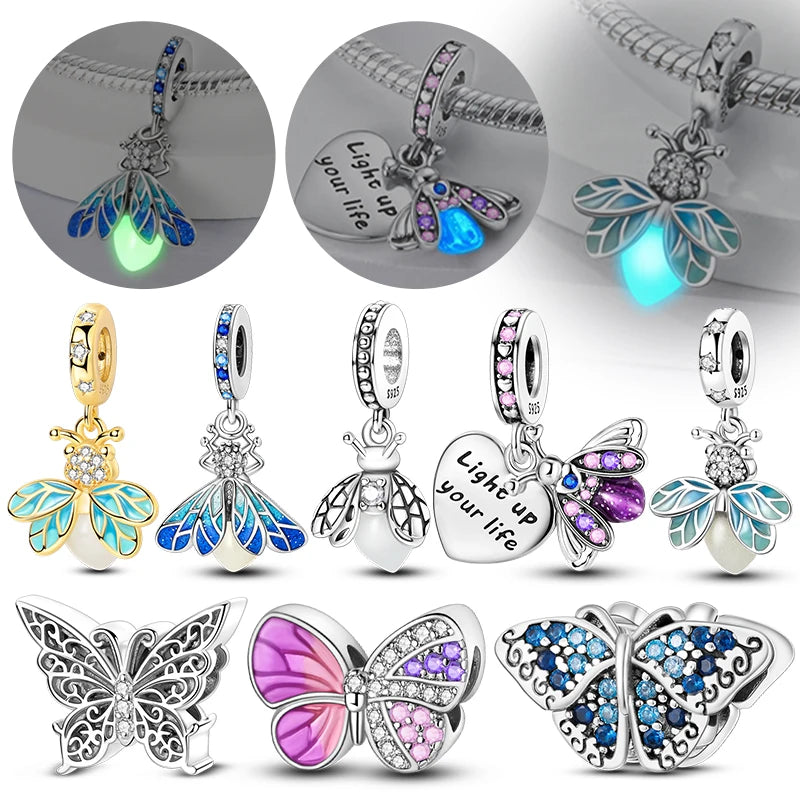 Glowing Luminous Firefly Butterfly Pendant Charm Beads in 925 Sterling Silver, perfect for your bracelet jewelry collection.