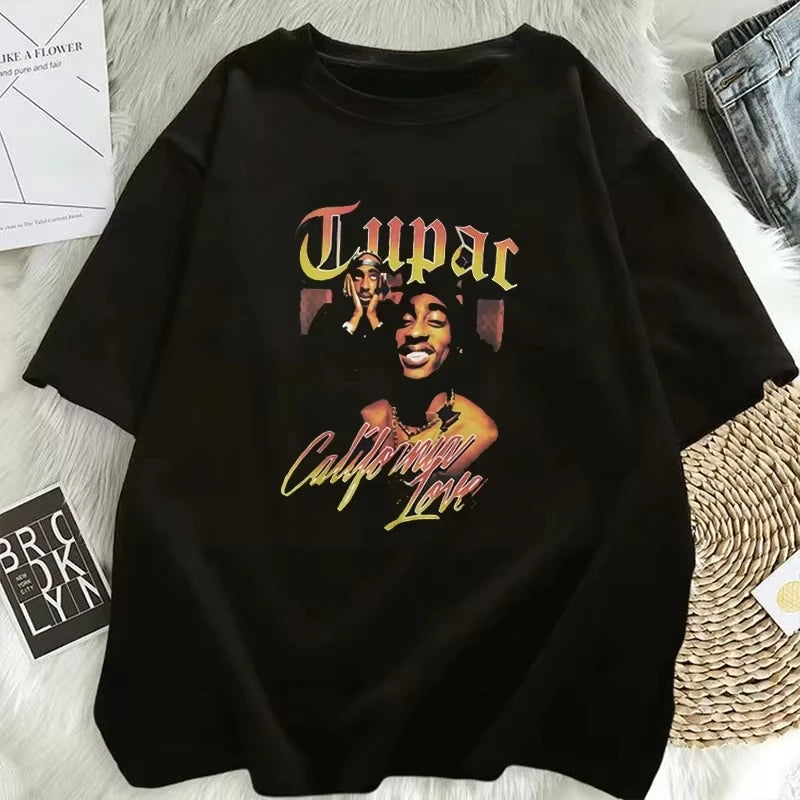 Tupac Hip Hop Graphic Print T-Shirt for Women Unisex Casual Oversized Y2K Streetwear Tee