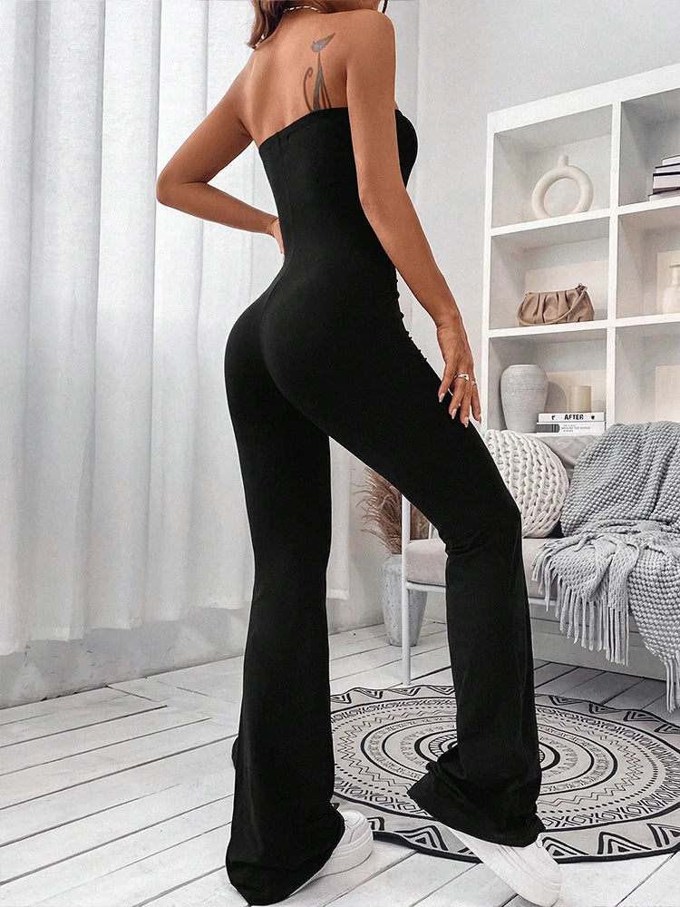 Stylish model showcasing the Elegant Women's Bustier Jumpsuit Slim Fit Solid Color One-Piece Pants Hip-Lifting Leg Design.