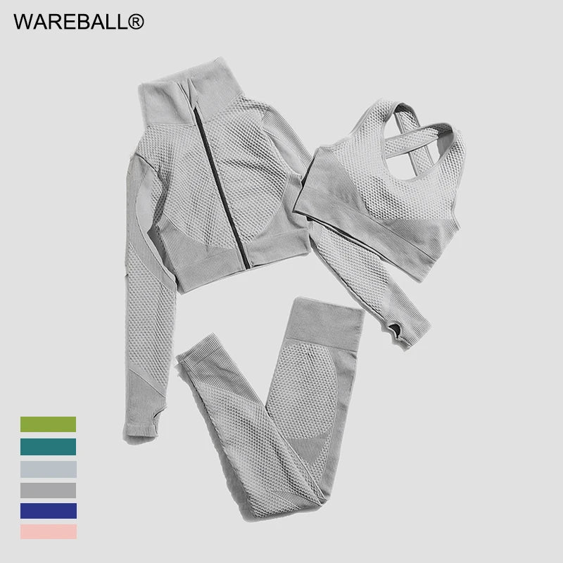 Stylish 2/3Pcs Women Seamless Knitted Yoga Set with High Waist Leggings and Zipper Long Sleeve Crop Top for activewear.