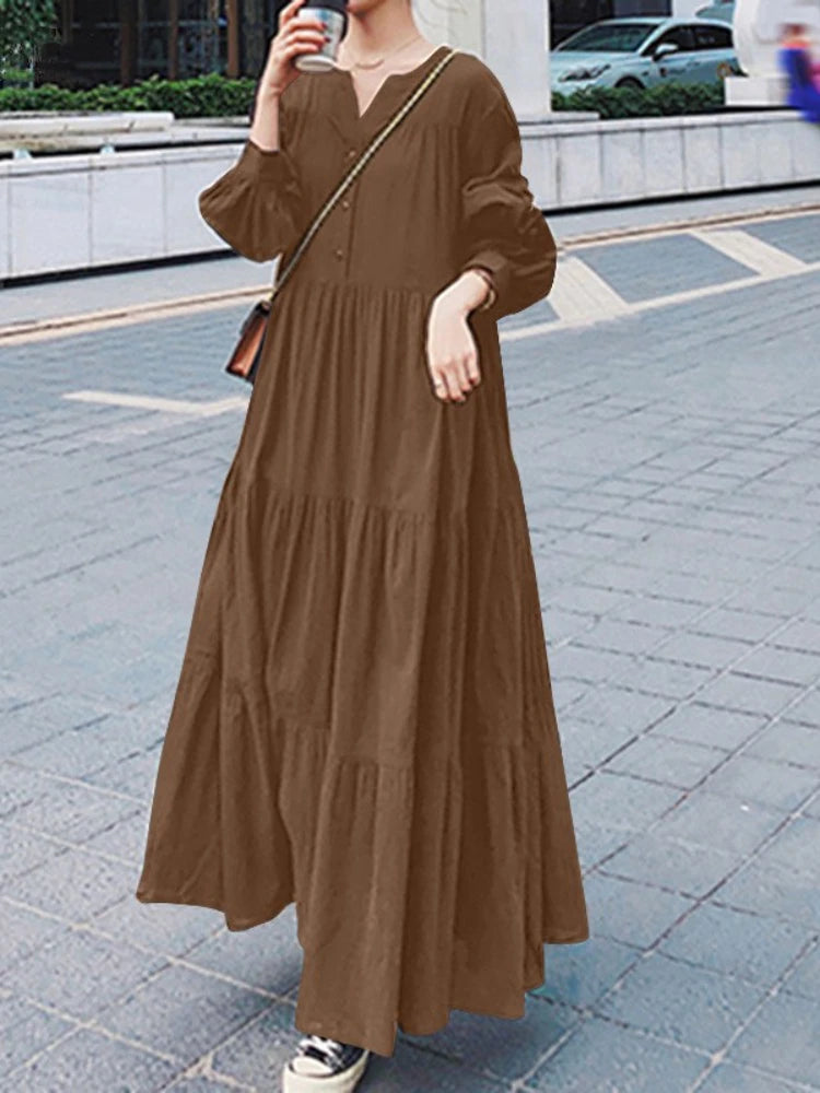 Womens Long Sleeve Swing Dress Cotton Hemp Casual Elegant