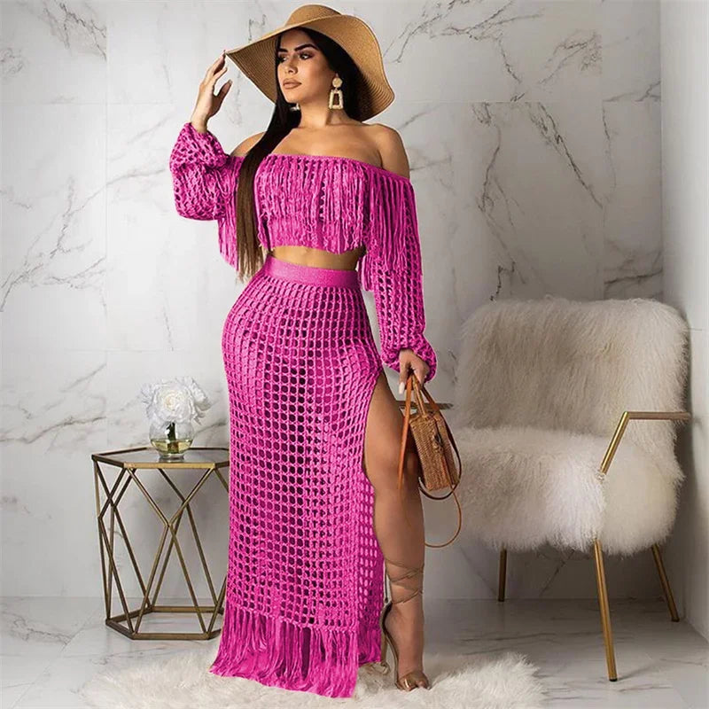 Fringed Tassel Two Piece Women’s Beachwear Set Crochet Hollow Out See Through Crop Top and Long Skirt Vacation Outfit