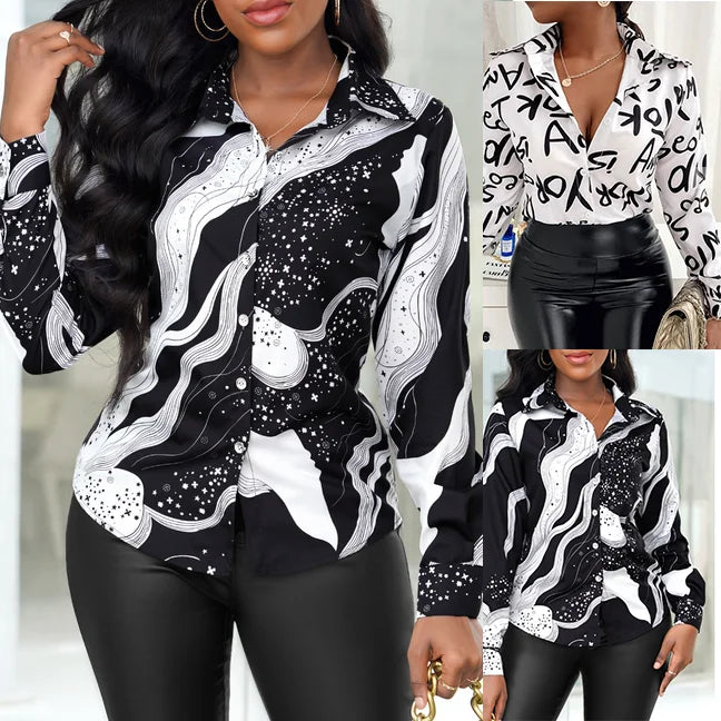 Stylish Women's Casual Letter Print Button Front Shirt Long Sleeve Lightweight Top for Spring and Fall, perfect for transitions.