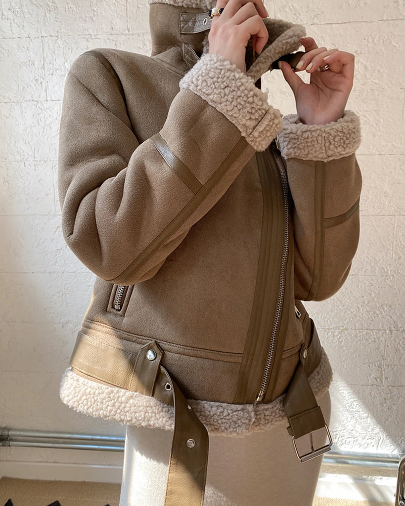 Womens Faux Suede Jacket Thick Warm Lamb Motorcycle Coat
