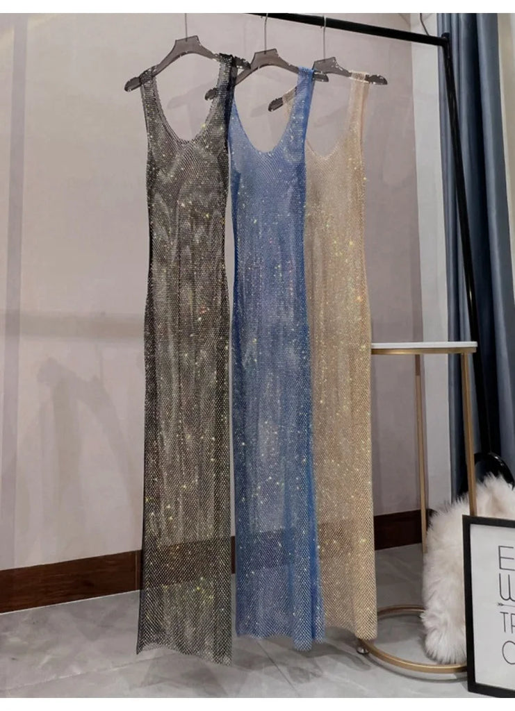 Rhinestone Mesh Sequin Long Party Dress With Hollow Design