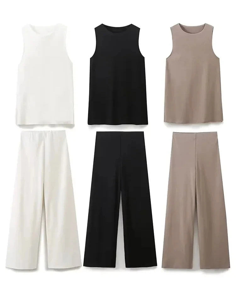 Women’s Casual Loose Fit Sleeveless O-Neck T-Shirt Vest Top and Elastic Waist Straight Leg Pants Set Cozy Summer Outfit by TRAFZA.