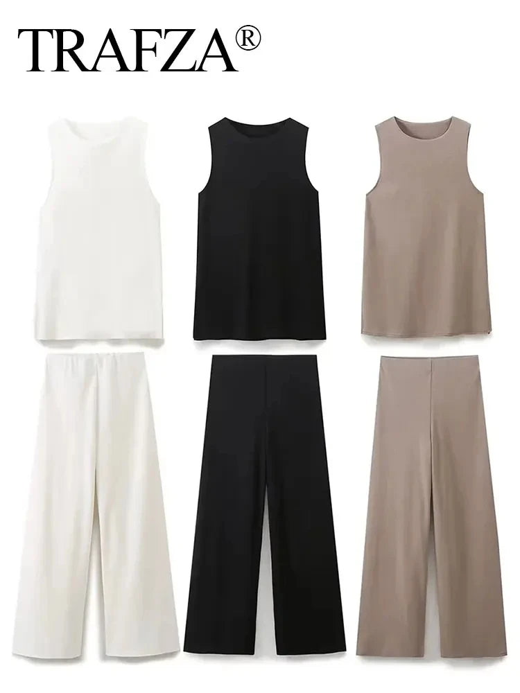 Discover the Summer Casual Loose Cozy Suit for Women - Sleeveless O Neck T-Shirt and Elastic Waist Straight Pants Set by TRAFZA.