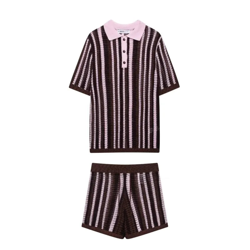 Stylish Women High Waist Knit Shorts Set with V Neck Short Sleeve Polo Sweater, perfect for casual outings and lounging.