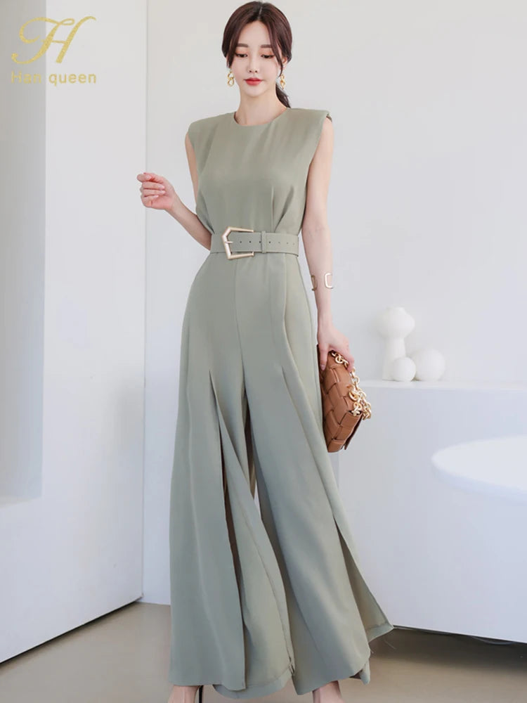 Stylish H Han Queen Elegant Women’s Business Jumpsuit O-Neck Wide Leg Split Trousers for versatile workwear.