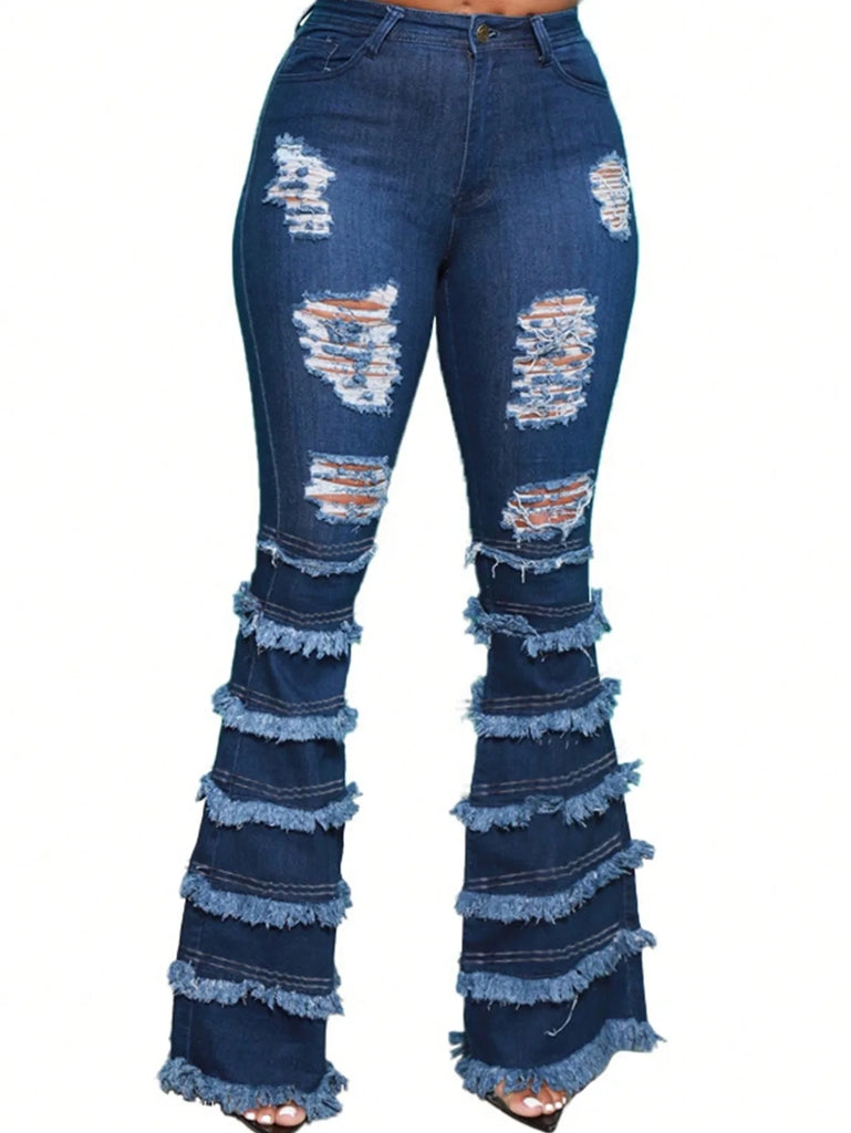 High Waisted Ripped Denim Jeans with Fringe Flare Legs