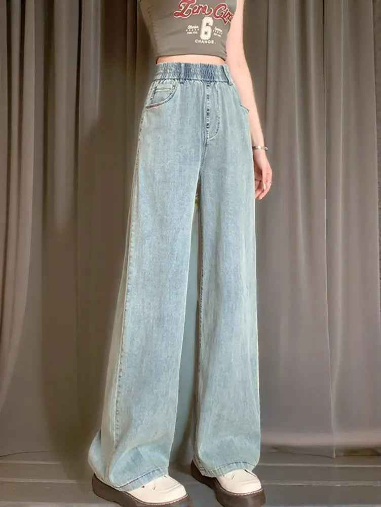Women High Waist Wide Leg Denim Jeans Casual Full Length