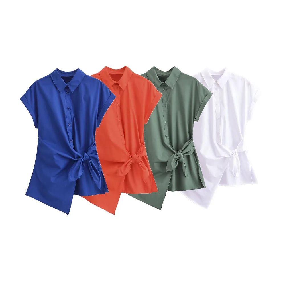 Women’s Elegant Poplin Shirt Top with Versatile Waist Tie Detail, perfect for office and casual summer fashion.