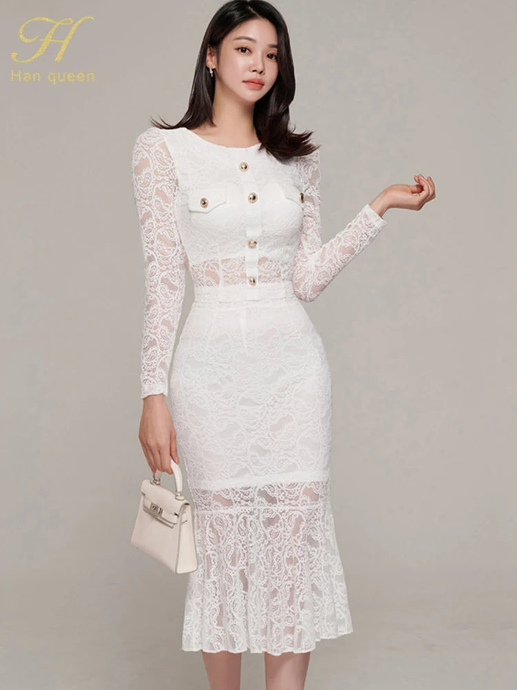 White Lace 2 Piece Set Women Long Sleeve Top Mermaid Skirt