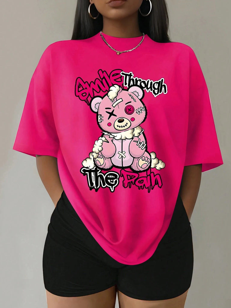 Puppet Bear Cartoon Print Women Two Piece Set Soft Breathable Cotton T-Shirt and Polyester Shorts for stylish summer streetwear.
